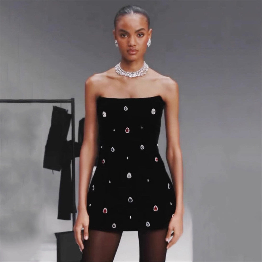 Vestido de fiesta tipo esmoquin con top de tubo y diseño de interés especial con diamantes de imitación