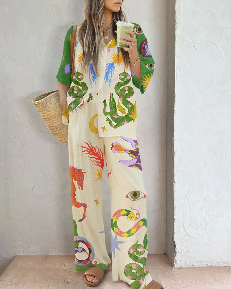 Conjunto informal de camisa y pantalones estampados de lino y algodón para mujer