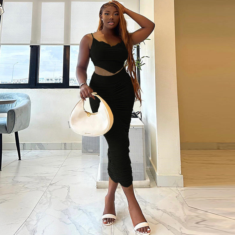 Traje de dos piezas informal de color sólido con tirantes pequeños y sexy para mujer