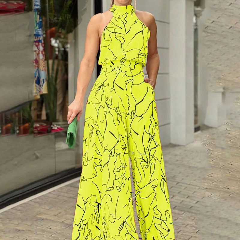 Mono elegante de verano para mujer, con cintura alta, sin mangas, con cordones y pantalones estilo halter