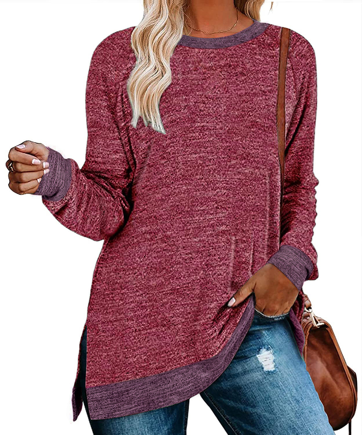 Camiseta informal holgada de manga larga con cuello redondo y abertura multicolor para mujer