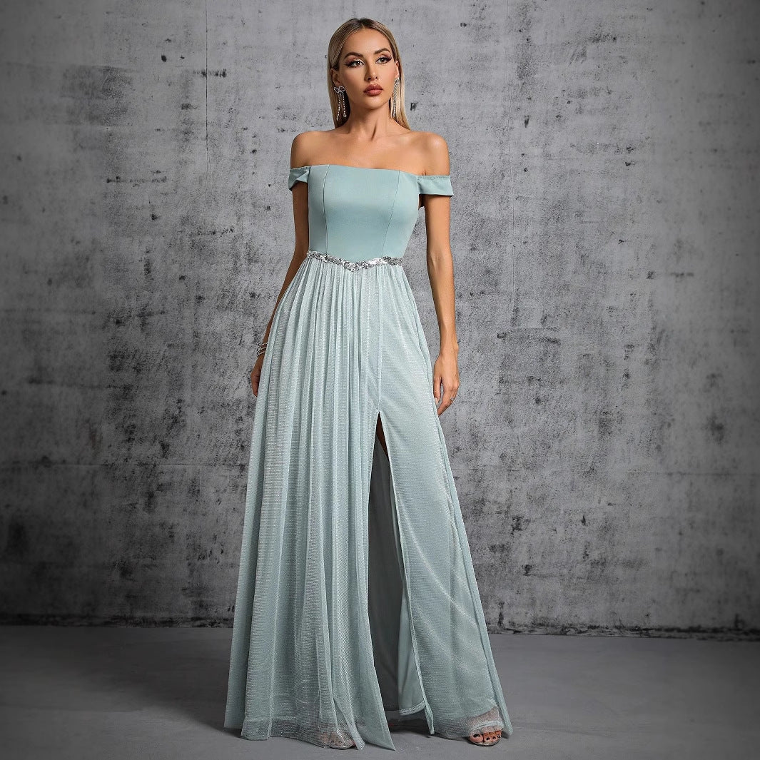 Vestido de noche de fiesta con hombros descubiertos y abertura entallada, elegante, para mujer adulta