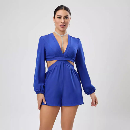 Mono de manga larga con cuello en V y cordones, pantalones cortos sexys con recortes de otoño