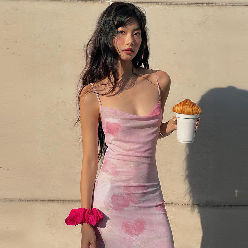 Vestido largo de verano con estampado floral, de malla, sexy, dulce y picante, con escote pronunciado