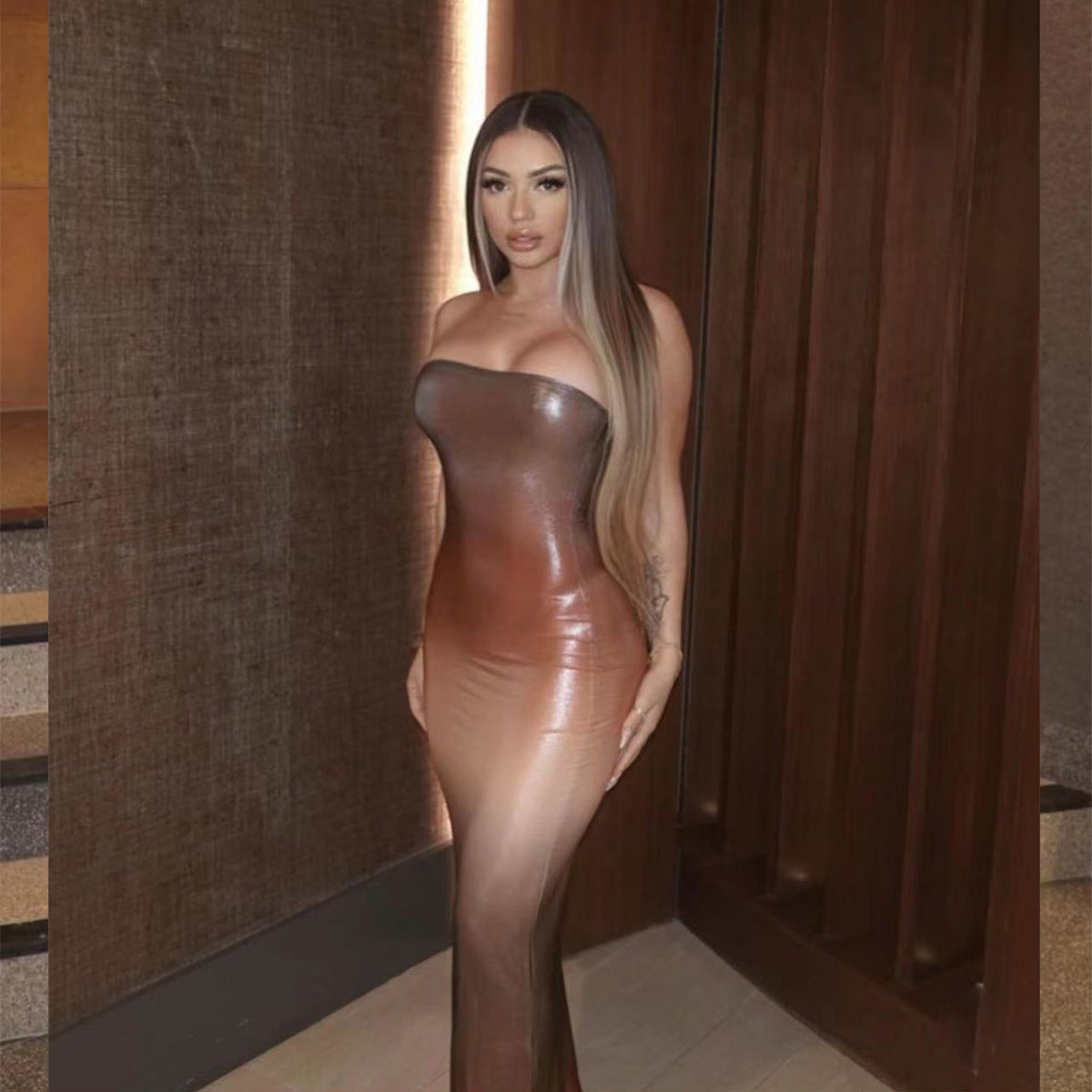 Vestido maxi ajustado con top de tubo sexy de otoño para mujer, vestido de discoteca ajustado a la cadera para mujer