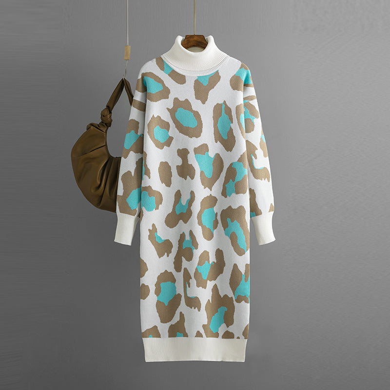 Vestido de punto con cuello alto y estampado de leopardo para mujer, otoño e invierno