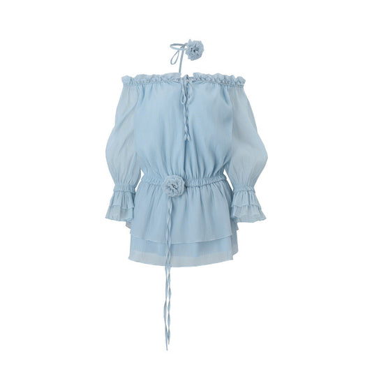 Vestido de otoño sexy de gasa con volantes, escote descubierto y corte ajustado, mangas largas con control de cintura