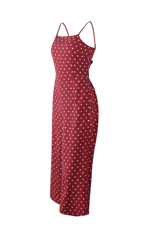 Women Clothing Polka Dot Brace Sleeveless Lace up Casual Wide Leg Loose Vest Jumpsuit Trousers