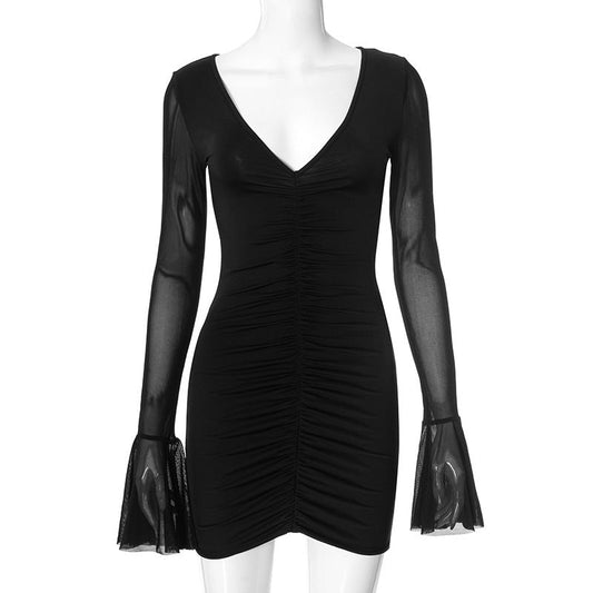 Women Clothing Summer Sexy V neck Stitching Mesh Flared Sleeves Sheath Dress Women