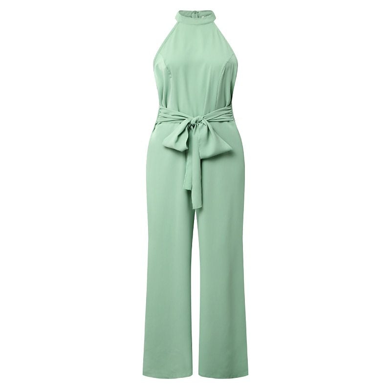 Mono informal de verano de color liso sin mangas con cuello halter y cintura alta con cordones y corte recto