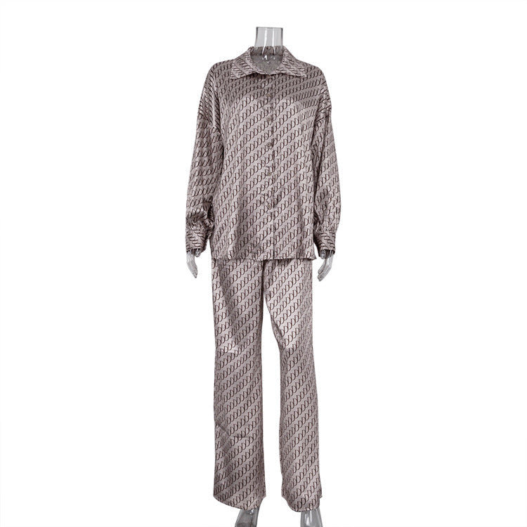 Traje de dos piezas de satén estampado para mujer, camisa holgada de manga larga y pantalones de primavera