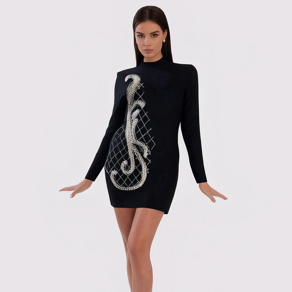 Vestido ajustado de manga larga con bordado intenso para mujer, vestido ceñido para adelgazar la cadera y para cenas y fiestas.