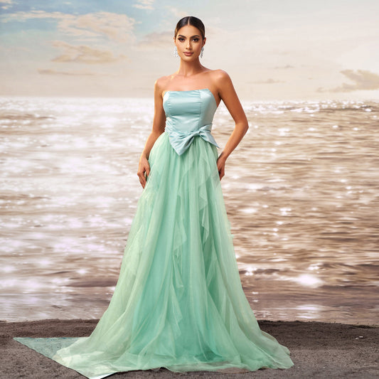 Women Clothing Sleeveless Wrapped Chest Slim Waist Cocktail Wide Hem Gauzy Evening Dress