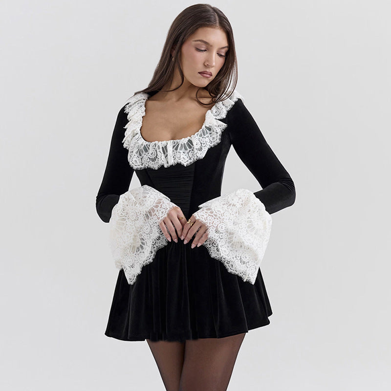 Vestido de mujer con cuello cuadrado francés y mangas acampanadas de encaje para otoño e invierno