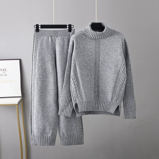 Conjunto informal de jersey de cuello alto y tejido grueso para mujer, pantalones anchos y sueltos de pierna ancha para otoño e invierno, dos piezas