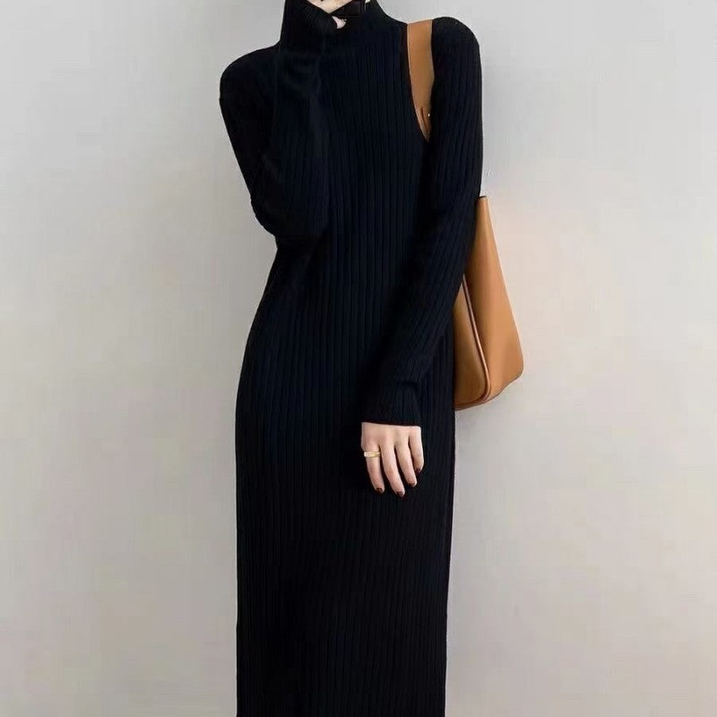 Suéter de cuello alto para otoño e invierno para mujer, largo medio por debajo de la rodilla, abrigo básico con borlas, vestido de punto con vuelo