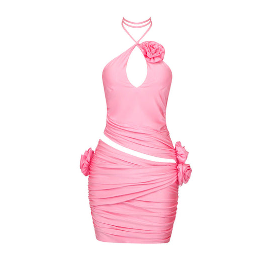 Fall Pink Three Dimensional Floral Halterneck Women Clothing Dopamine Wear Cutout Dress