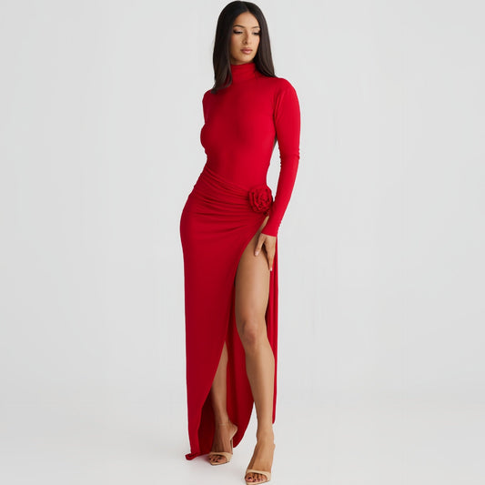 Mono de otoño para mujer, cuello alto, espalda descubierta, manga larga, vestido sexy con abertura