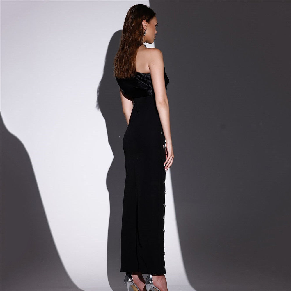 Vestido de gasa con hombros oblicuos y diamantes de imitación para cena de gala de debutante, sexy, de primavera
