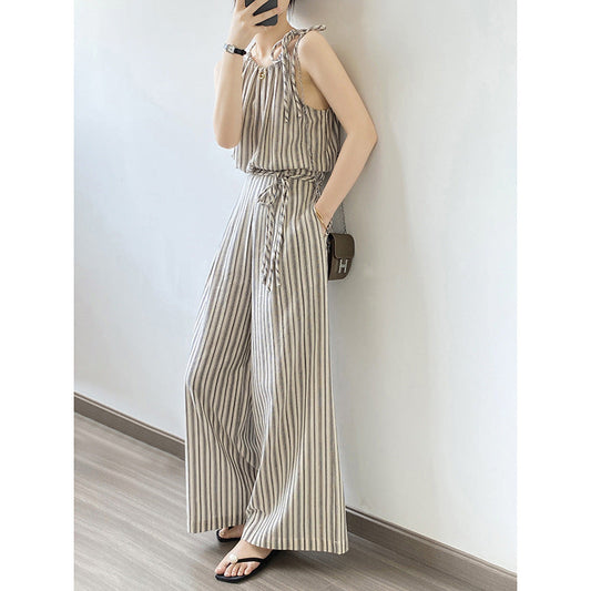 Traje retro informal a rayas para mujer, conjunto de dos piezas con top con tirantes y pantalones de pierna ancha para verano