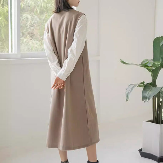 Abrigo de lana Letian de 4 colores para otoño e invierno, con escote en V y sin mangas, de color liso, para mujer