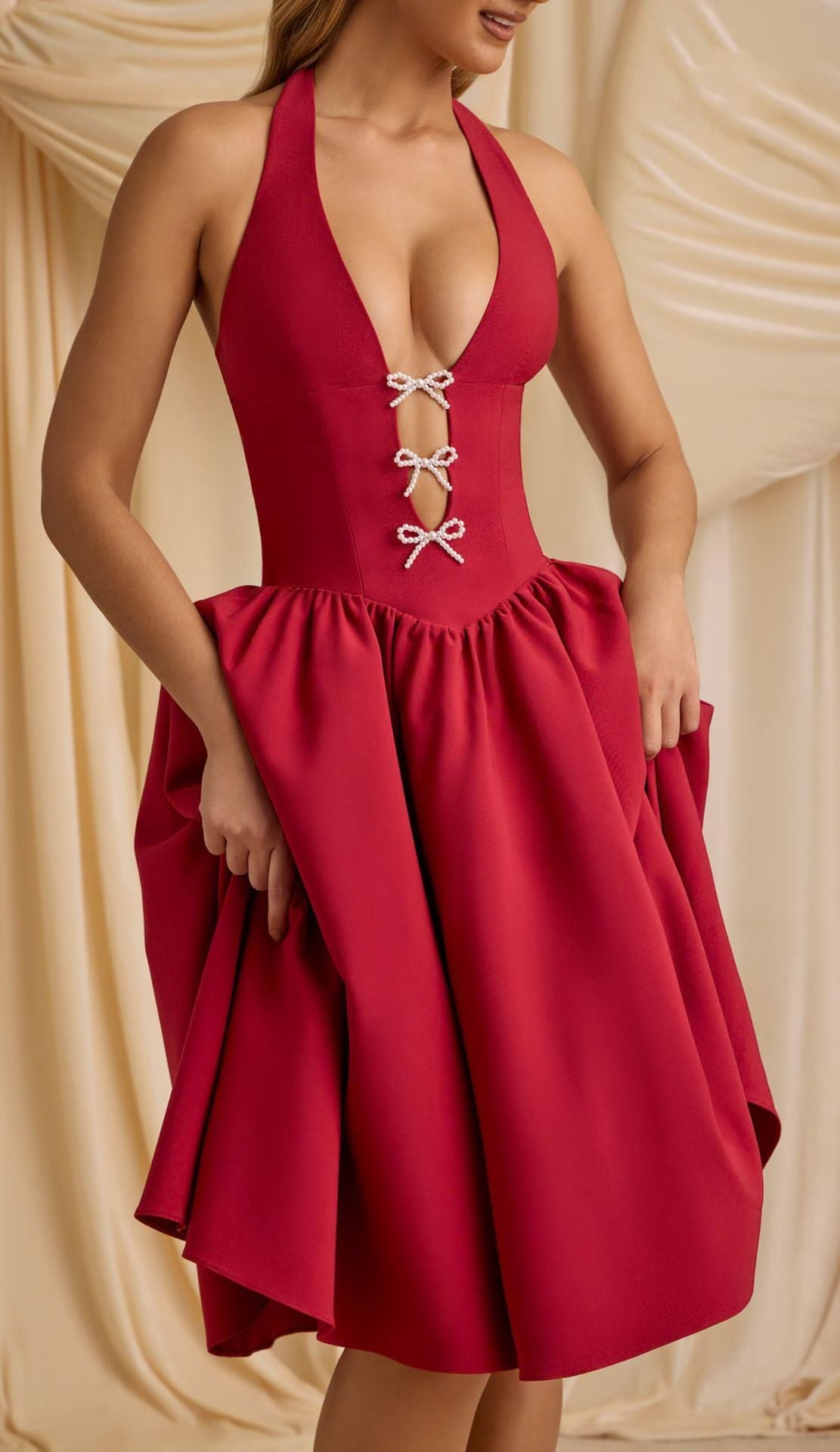 Vestido de tul sexy con escote halter, lazo y escote en V profundo, sin espalda, para primavera y verano