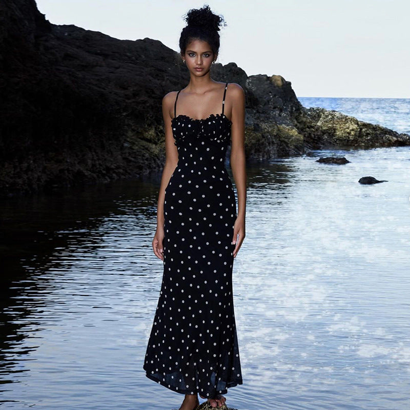 Vestido de verano francés ajustado con espalda descubierta y lunares para mujer