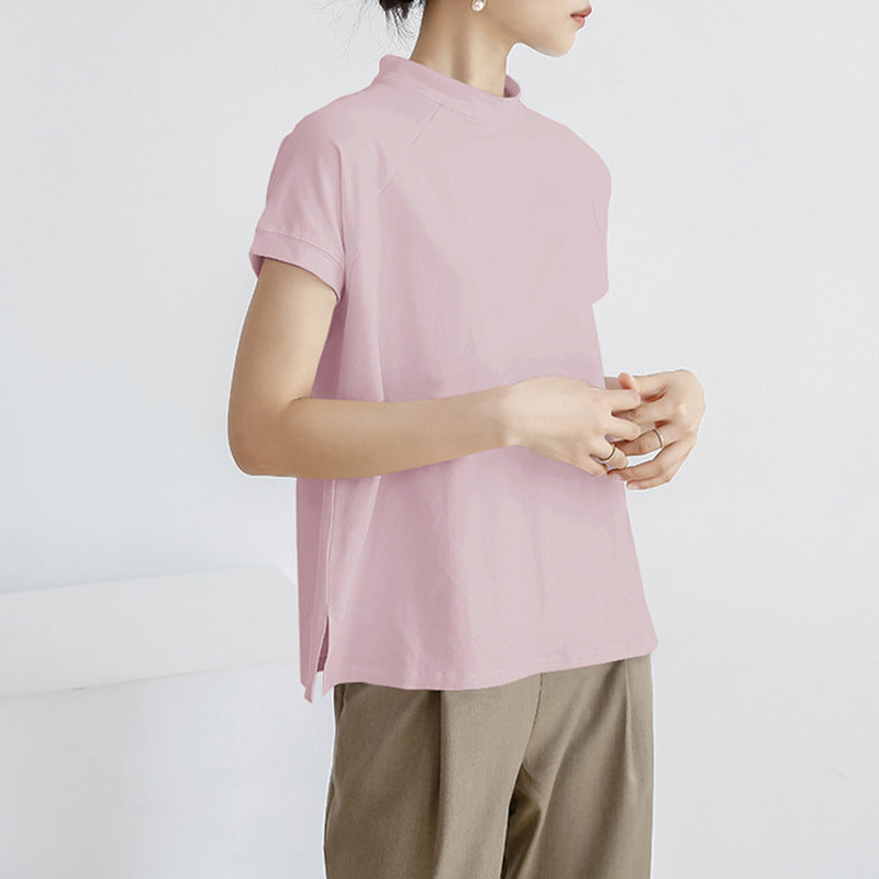 Camiseta de algodón de verano de color liso de manga corta para mujer, jersey francés con abertura lateral.