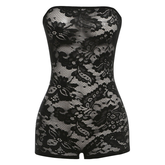 Women Spring Clothing Sexy See Through Lace Jacquard Tube Top Tight Jumpsuit