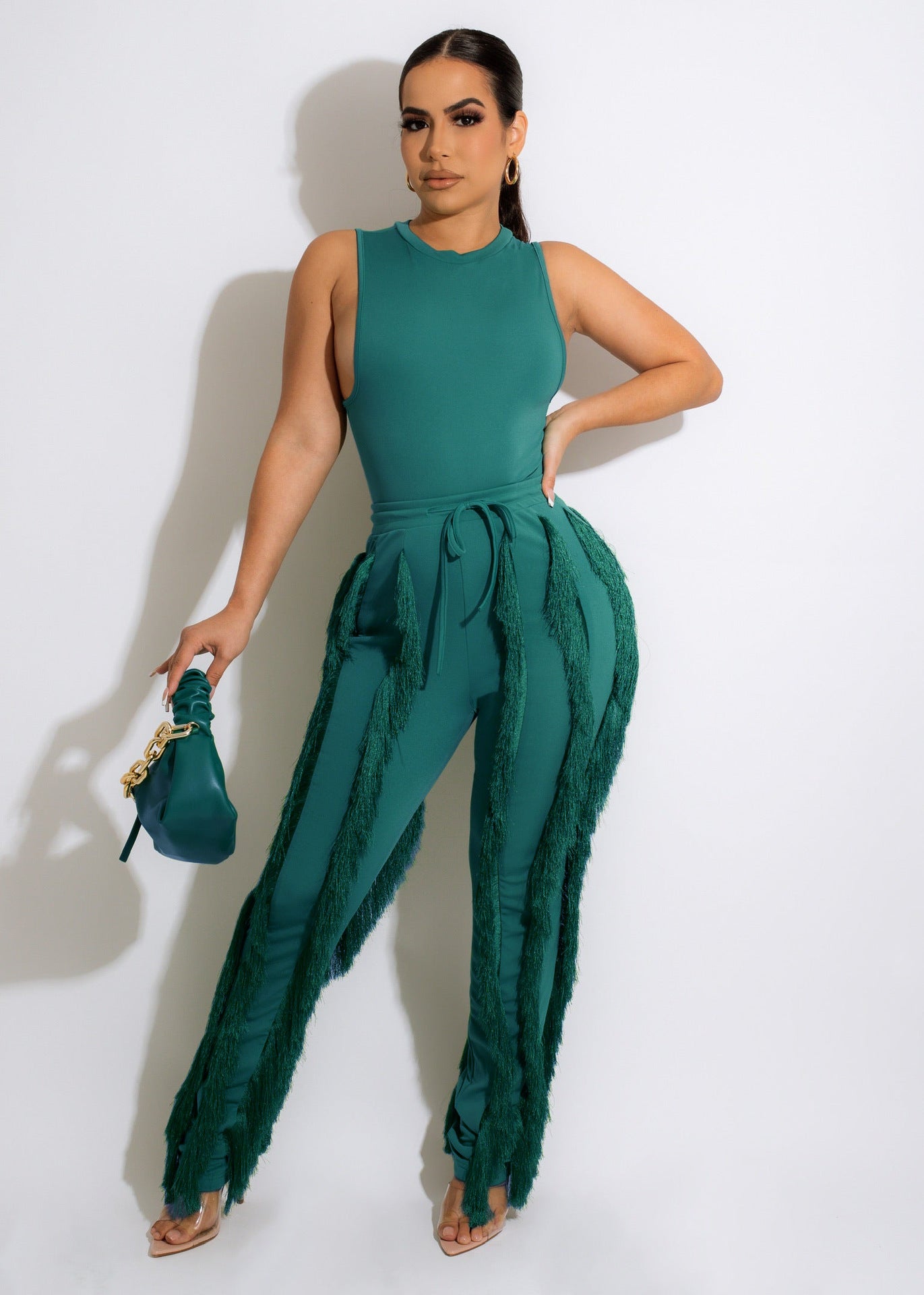 Conjunto de dos piezas para mujer, pantalón con borlas, sin mangas, informal, de encaje, sexy, para verano