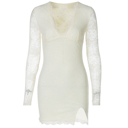 Women Clothing Autumn Winter Sexy Mesh Stitching Long Sleeve Narrow Dress