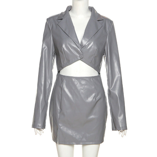 Winter Women Clothing Long Sleeve Bare Cropped Slim Fit Sheath Faux Leather Dress Women