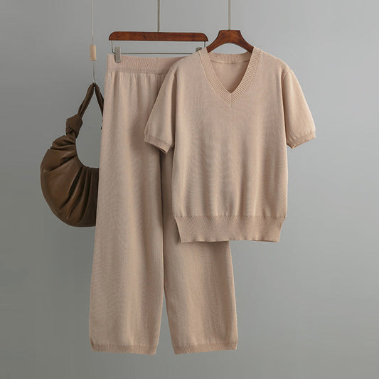 Traje de mujer, cuello en V, suéter de punto holgado con abertura, conjunto de dos piezas, cintura alta, pantalones casuales rectos caídos
