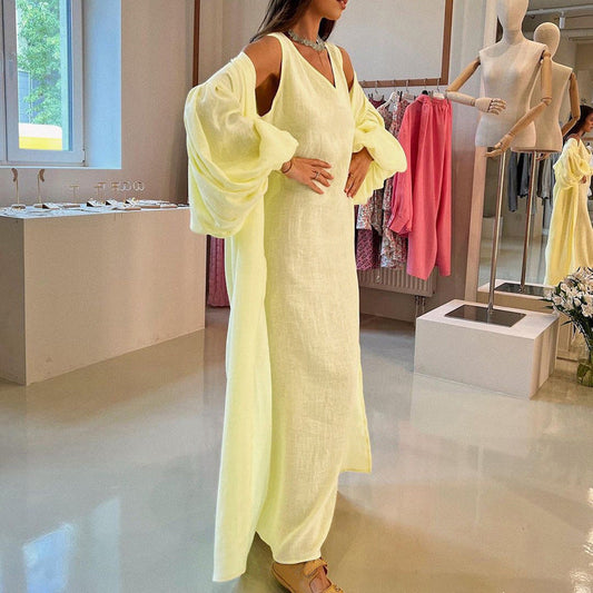 Conjunto de dos piezas formado por vestido y chaleco, para mujer, primavera y otoño, informal, con mangas abullonadas y color liso