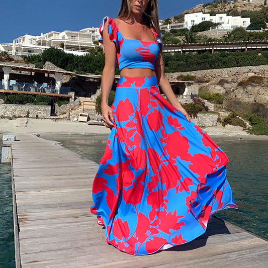 Summer Women Clothing Bohemian Sexy Print Sleeveless Dress Two Piece Set