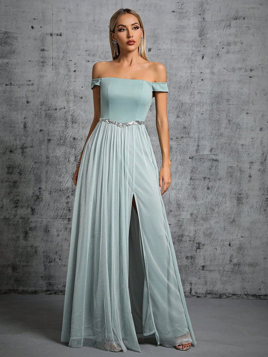 Off Shoulder Prom Evening Dress Slit Slim Fit Elegant Dress Adult Dress for Women