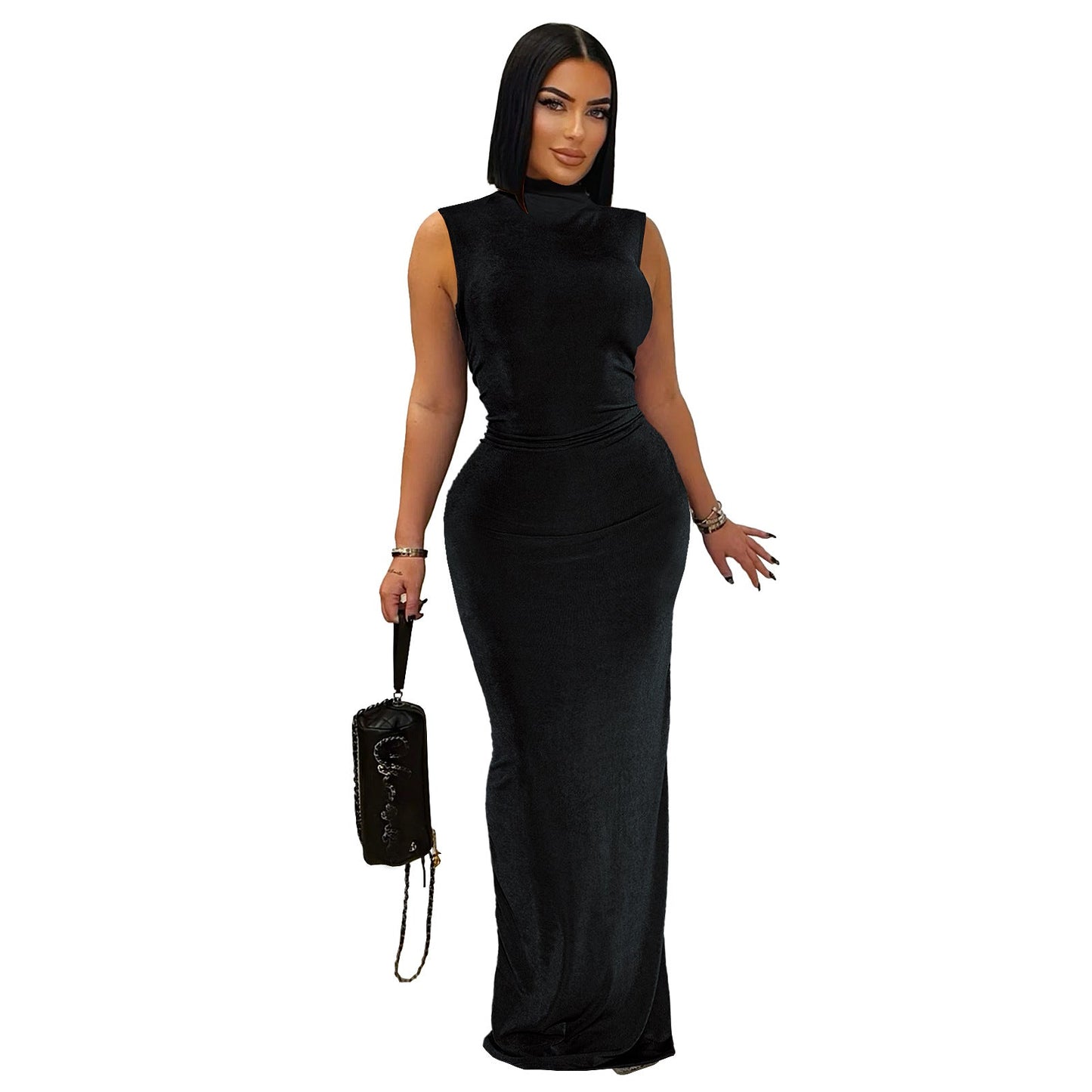 Vestido largo de mujer con cuello alto, plisado, cintura adelgazante, sin mangas y elástico.