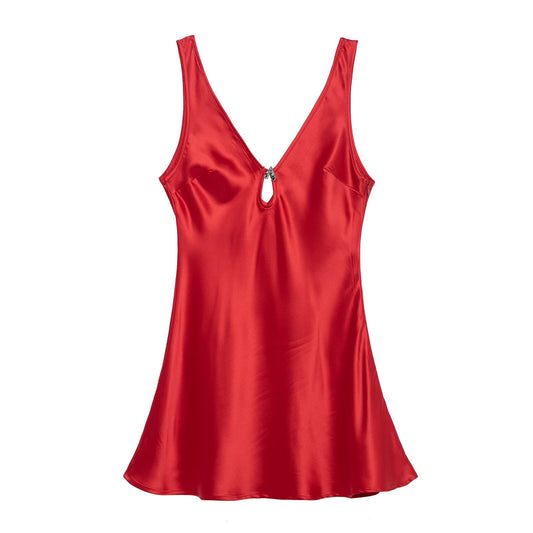 Vestido corto de satén de seda con decoración de metal en forma de corazón, sexy, de verano, sin espalda, cuello en V, ajustado.