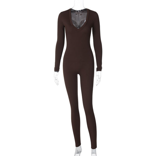 Mono deportivo ajustado de manga larga para mujer, color liso, primavera