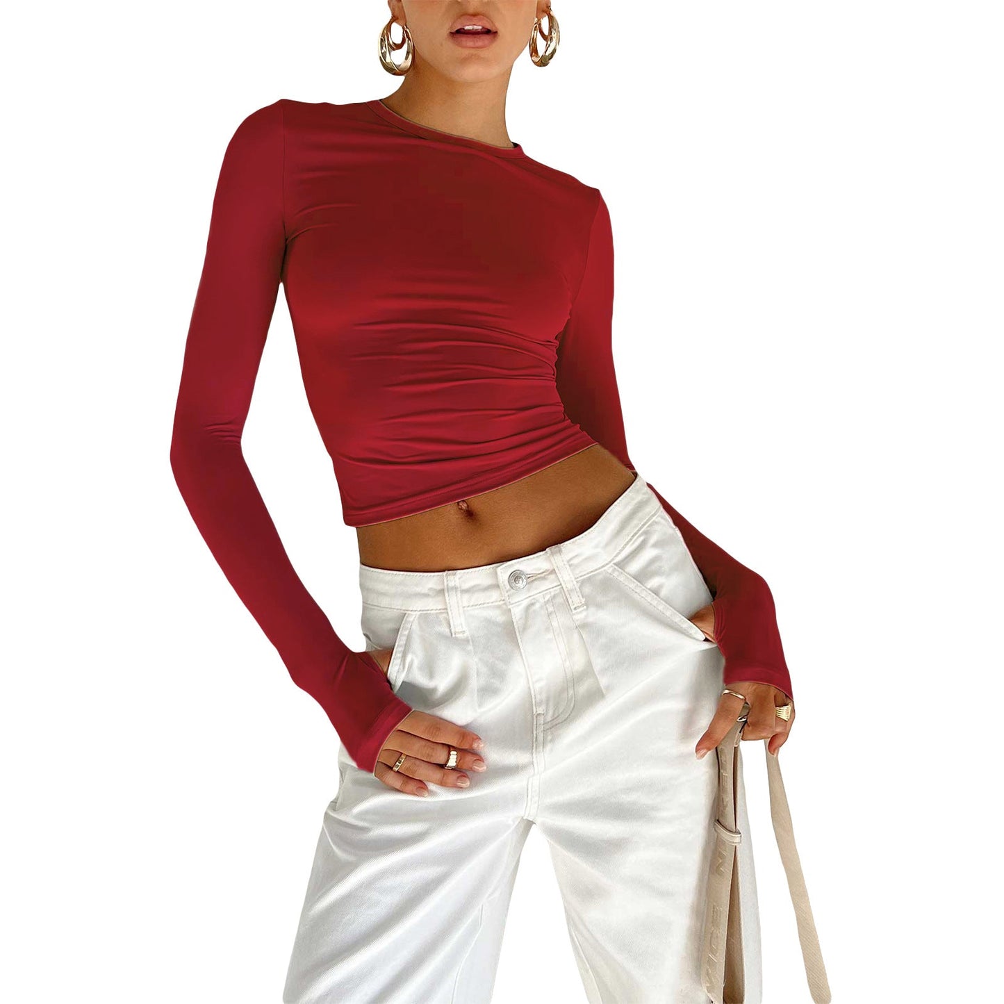 Camiseta de cuello redondo de color liso para mujer, camiseta sexy ajustada de manga larga, camiseta de otoño e invierno