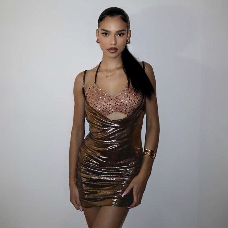 Vestido de dos piezas con cuello halter y cordones, estilo sexy, con costuras falsas, para otoño e invierno, para mujer