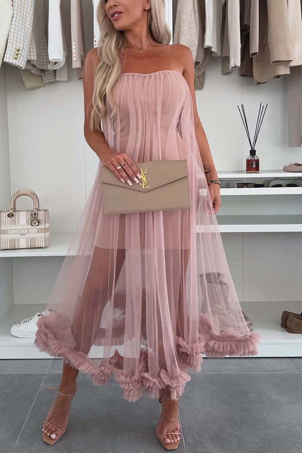 Vestido informal holgado de malla con escote en V y vuelo amplio para vacaciones de primavera y verano