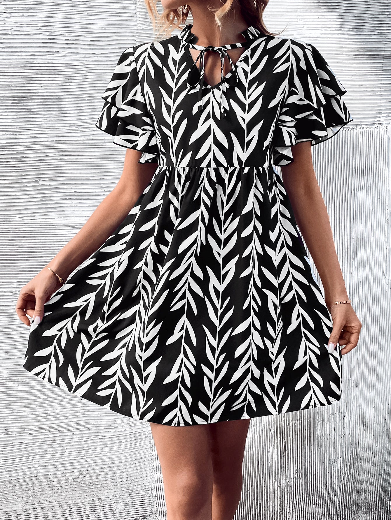 Vestido de cintura alta con cuello en V y estampado para mujer