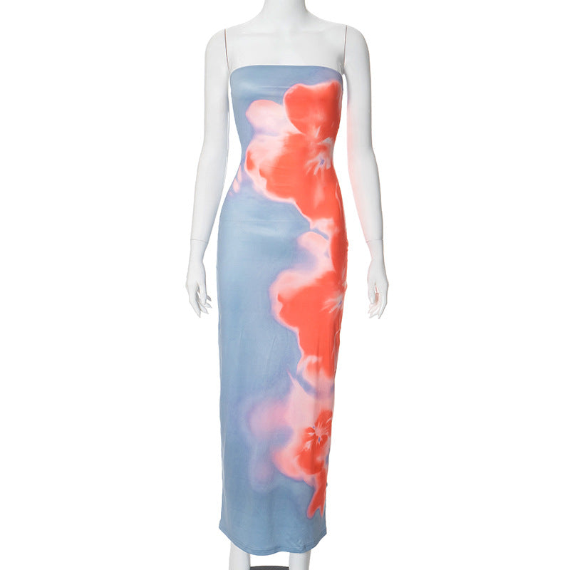 Vestido largo de verano con escote tubo y estampado floral, ajustado y abertura en la cintura para mujer