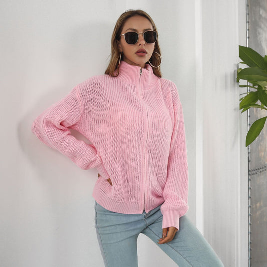 Suéter con cremallera y cuello alto para mujer, cárdigan holgado de punto de manga larga para otoño e invierno.