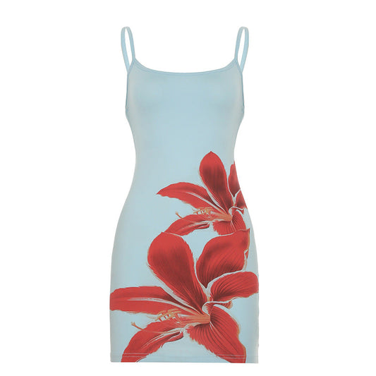Summer Sexy Tube Top Floral Print Slim Fit Contrast Color Sheath Sling Dress
