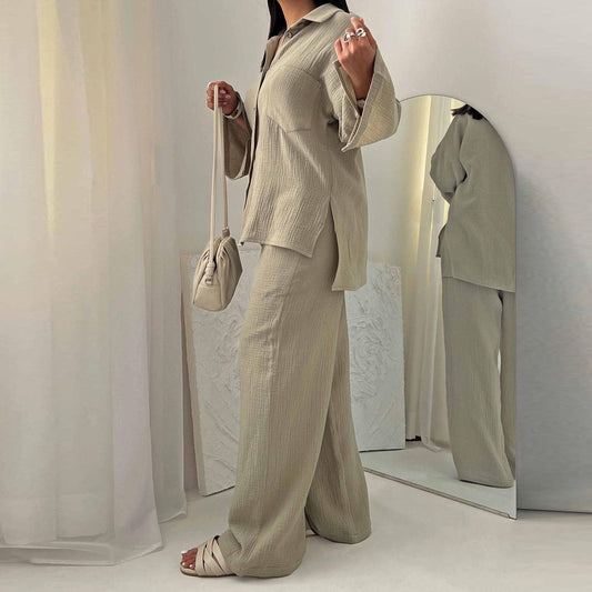 Ropa de mujer Otoño Champray Camisa de manga larga Pantalones de pierna ancha de cintura alta Conjunto