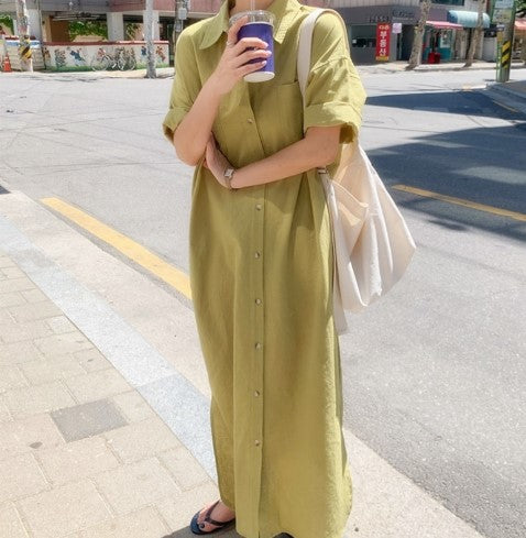 Vestido coreano de verano de manga corta con estampado largo, holgado y holgado, camisero por encima de la rodilla para mujer