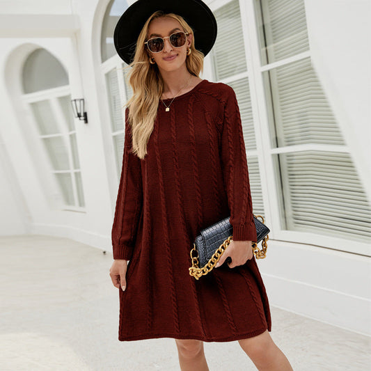 Vestido de suéter largo de color sólido para otoño e invierno, cuello redondo, suelto, torcido, línea A, vestido de punto