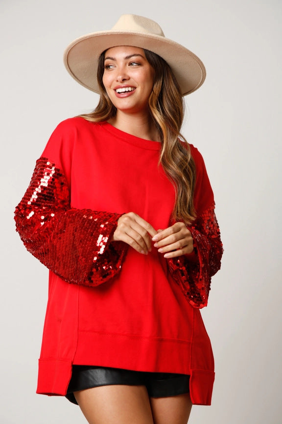 Sudadera de manga larga con lentejuelas y costuras superiores para mujer, moderna, para otoño e invierno, Navidad